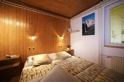 a bedroom with a bed in a wooden wall at Apartment Bernik II in Kranjska Gora