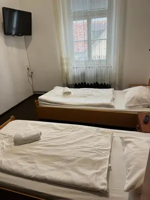 two beds in a room with a window at Guesthouse Pri Tonetu in Ptuj