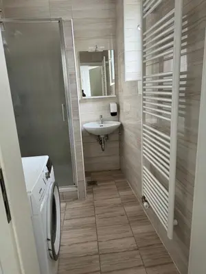 a bathroom with a sink and a washing machine at Guesthouse Pri Tonetu in Ptuj