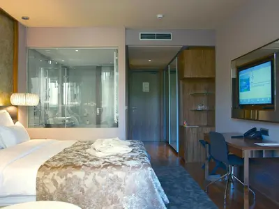 a hotel room with a bed and a desk and a television at Atlantida Boutique Hotel in Rogaška Slatina