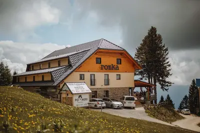 a large building with cars parked in front of it at Hotel House Rozka in Cerklje na Gorenjskem