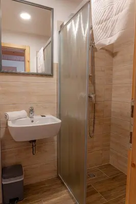 a bathroom with a sink and a shower at Hotel House Rozka in Cerklje na Gorenjskem