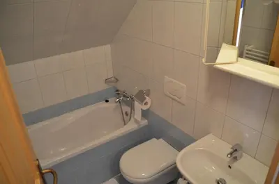 a bathroom with a white toilet and a sink at Apartmaji Srnca in Cerkno