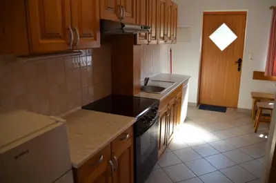 a kitchen with a sink and a stove top oven at Apartmaji Srnca in Cerkno