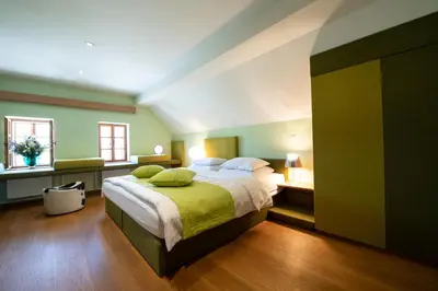 a bedroom with a large bed with green walls at Škrabčeva domačija in Ribnica