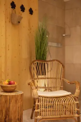a wicker chair and a bowl of fruit on a table at PRIVILLAGE Stare - Villa & Chalet in Bohinj