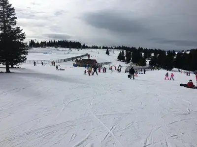 a group of people skiing down a snow covered slope at Apartment Gaber 82 in Zreče