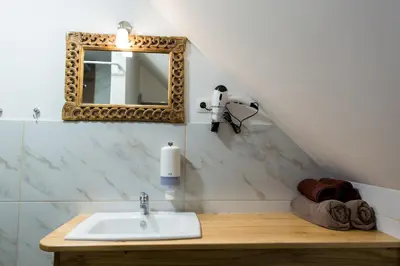 a bathroom with a sink and a mirror at Apartmaji Smogavc in Zreče