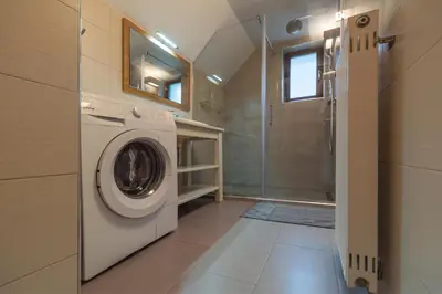 a laundry room with a washing machine and a shower at Villa Bohinca in Bohinj