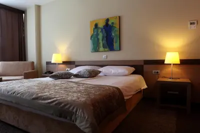 a bedroom with a bed with two pillows on it at Hotel Kras in Postojna