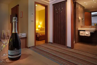 a bottle of wine sitting on a table in a bathroom at Hotel Kras in Postojna