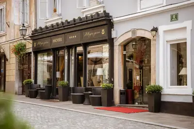a store front with potted plants on a street at Allegro Hotel in Ljubljana