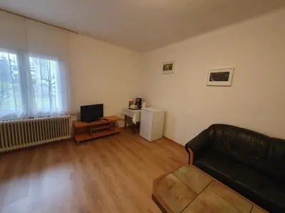 a living room with a couch and a television at Pension TTT in Bled