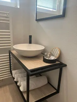 a bathroom with a sink on a shelf with towels at Hotel Bajt Maribor in Maribor