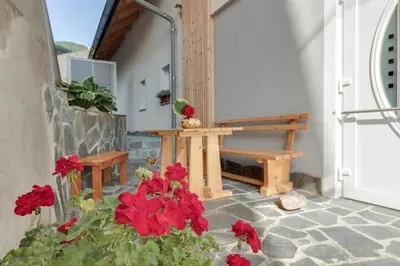 a porch with a bench and red flowers on a patio at Apartments Julian Experience in Rateče