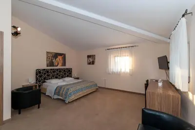 a bedroom with a bed and a desk and a television at Hotel Paquito in Nova Gorica