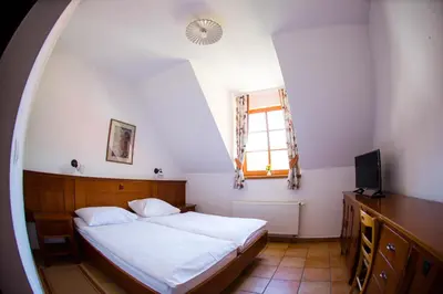 a small bedroom with a bed and a window at Hotel Kovac in Osilnica
