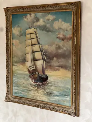 a painting of a sail boat in the ocean at Vila Alice Bled - Adults only in Bled