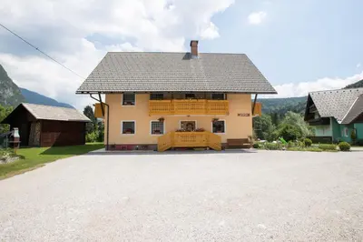 a house with a large driveway in front of it at Apartmaji Matej Cvetek in Bohinj