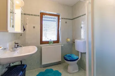 a bathroom with a sink and a toilet and a window at Apartmaji Matej Cvetek in Bohinj