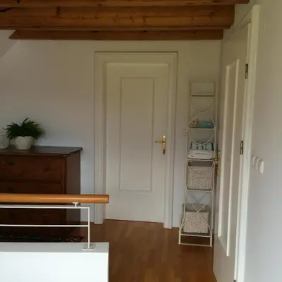 a room with a white door and a wooden floor at Guest House Vitaja in Bled