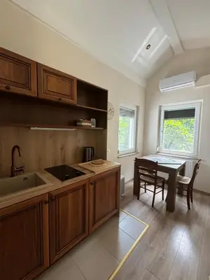 a kitchen with a sink and a table with a tableablish at Vila Weekend in Rogaška Slatina