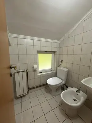 a bathroom with a toilet and a sink and a window at Vila Weekend in Rogaška Slatina