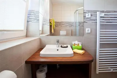 a bathroom with a sink and a shower at Apartment House Alp in Bled