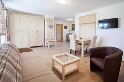 a living room with a couch and a table at Apartment House Alp in Bled