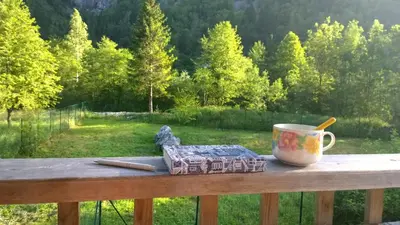 a coffee cup and a book on a wooden table at Bovec Home At Three Samoyeds in Soča