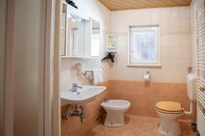 a bathroom with a sink and a toilet and a window at Apartmaji Colja in Bohinj