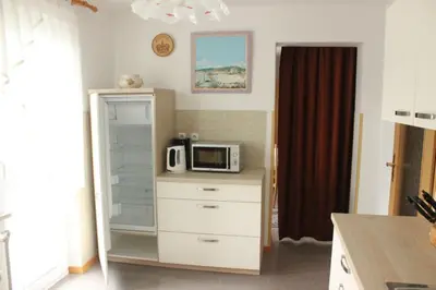 a kitchen with a microwave on top of a counter at Apartmaji Colja in Bohinj