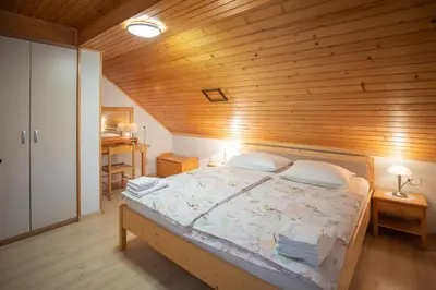 a bedroom with a bed with a wooden ceiling at Apartmaji Colja in Bohinj