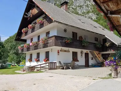 a white house with flowers on the balcony at Turistična kmetija Pri Andreju in Bohinj