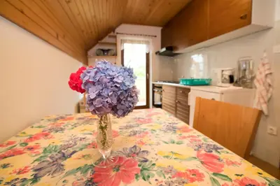 a vase of flowers sitting on a table in a kitchen at Turistična Kmetija Gartner 3a in Bohinj