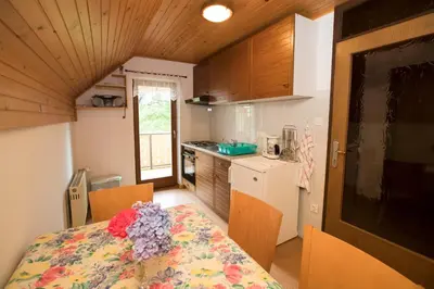 a small kitchen with a table in a room at Turistična Kmetija Gartner 3a in Bohinj