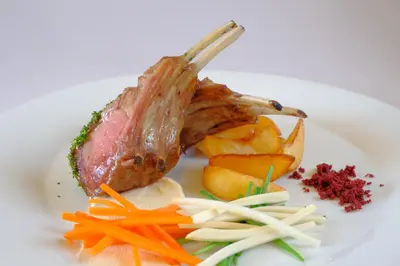 a plate of food with a piece of meat and vegetables at Depandansa Brinje in Zreče