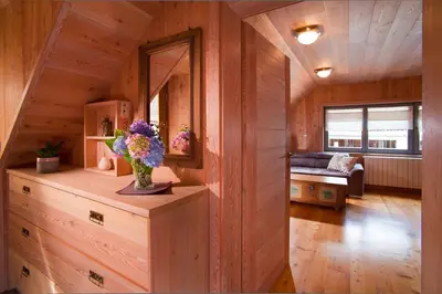 a wooden room with a vase of flowers on a counter at Juvanova hiša - Apartments and Rooms in Luče