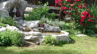 a garden with a rock fountain and flowers at Apartmaji Marinka Hodnik in Bohinj