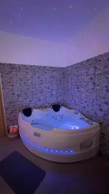 a bath tub in a room with a brick wall at Bed and Breakfast Kreft in Ljutomer