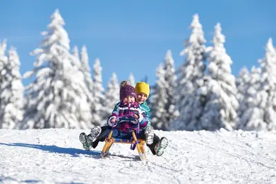 two children sitting on a sled in the snow at Bungalows Rogla in Zreče
