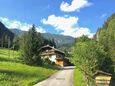 a house on a dirt road in the mountains at Apartment Tisa in Solčava