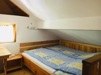 a bedroom with a bed in a room with a desk at Apartment Tisa in Solčava