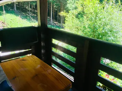 a porch with a wooden table and two windows at Apartment Tisa in Solčava