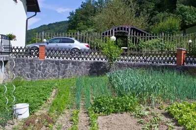 a garden with a fence and a car in the background at Tourist farm Mraz in Podčetrtek