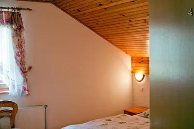 a bedroom with a bed and a wooden ceiling at Tourist farm Mraz in Podčetrtek