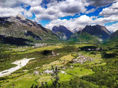 a view of a valley with mountains in the background at Apartma Javoršček in Bovec