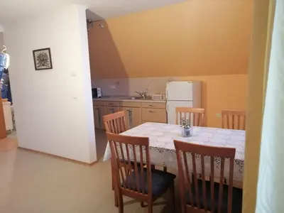 a kitchen with a table with chairs and a refrigerator at Apartment Korošec Matej in Bohinj