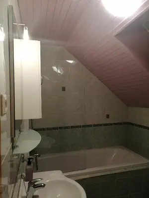 a bathroom with a sink and a bath tub at Apartment Korošec Matej in Bohinj