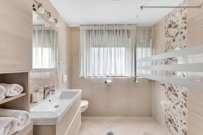 a bathroom with a sink and a toilet and a shower at Apartments Svetina in Bled